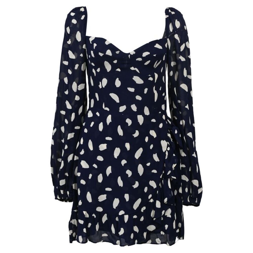 Reformation Cammi Polka-Dot Crepe Mini Dress in Navy Blue Viscose